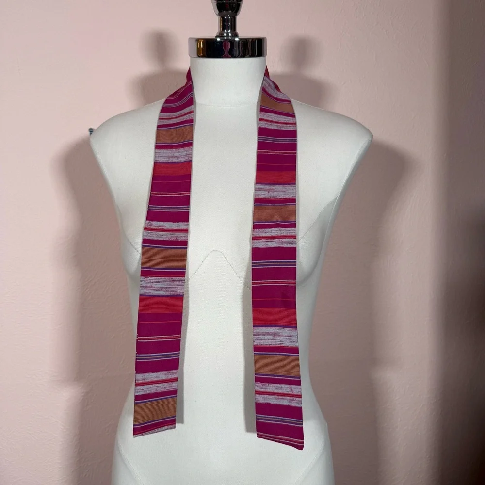 Vintage 1970 80 academia Stripe Magenta Camel Long skinny Bow Neck Scarf Twilly